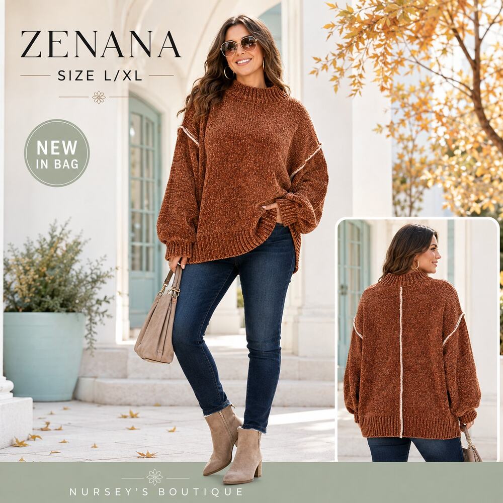 Zenana L/XL Mocha Brown Mock Neck Exposed Seam Oversized Sweater